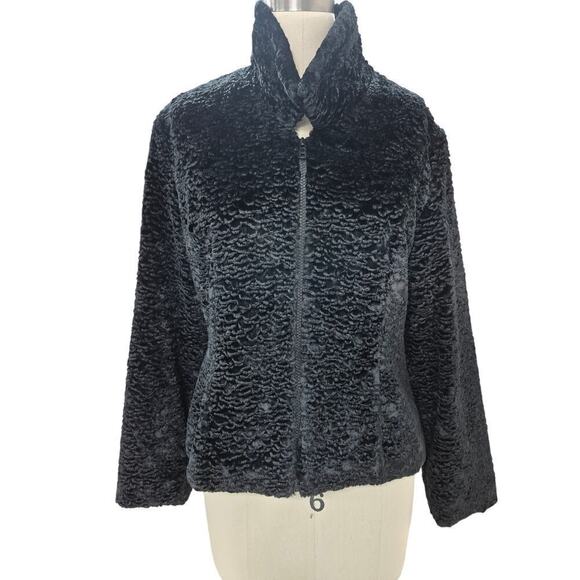 Monika Turtle Studio Phila. Black faux Fur Karakul jacket full satin lining Sz S - Picture 3 of 5